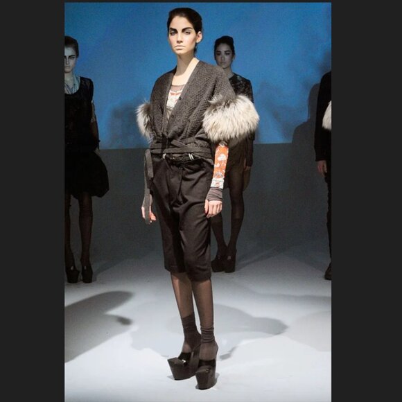 GARY GRAHAM Gray Merino Wool Fold Over Waist Leather Trim Avant Garde Pants 6 - Picture 3 of 16